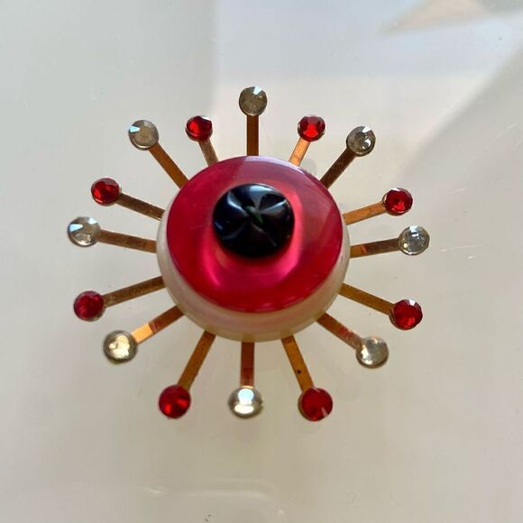 Upcycled Atomic Starburst Refrigerator Magnet Buttons Rhinestones Red - Picture 3 of 5